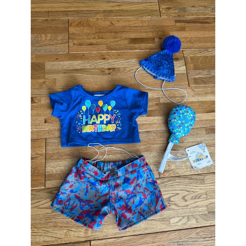 Build A Bear Workshop Happy Birthday Outfit Set T Shirt Shorts Hat NWT balloon